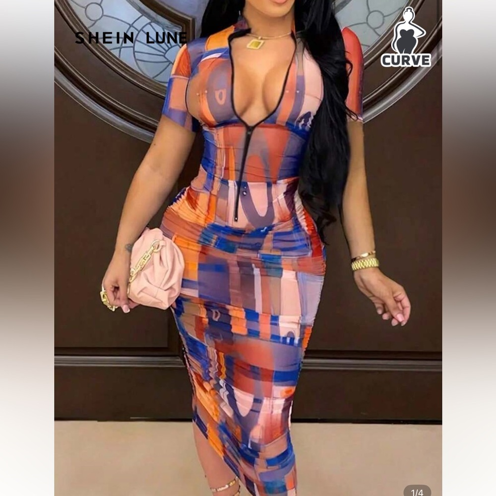 Women's Vibrant Abstract Midi Dress - Blue and Orange